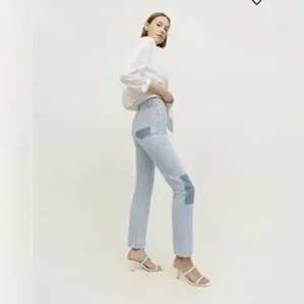 Reformation Cynthia Patch High Rise Jeans Straight Leg Tahoe‎ Wash Blue Denim 26